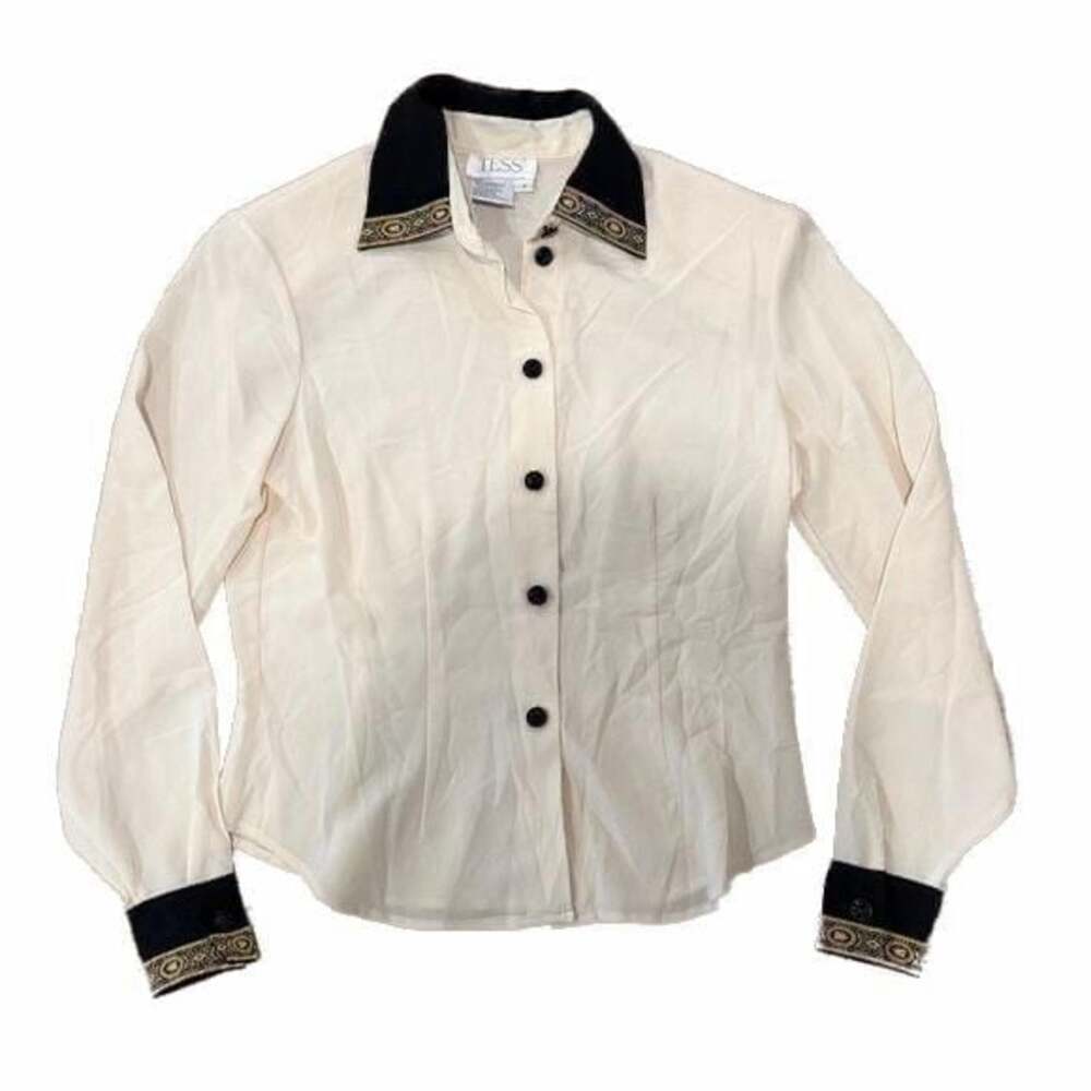 Vintage Tess Cream Button Down Shirt With Black and Gold Accents Size 4